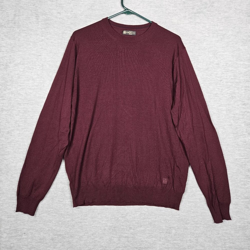 Corneliani Virgin Wool Burgundy V-neck Logo Sweater Men's Size 52
